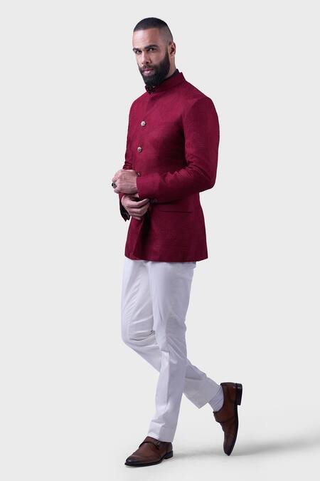 Shop_Raghavendra Rathore Jodhpur_Maroon Cotton Embroidery Textured Fern Bandhgala _Online_at_Aza_Fashions