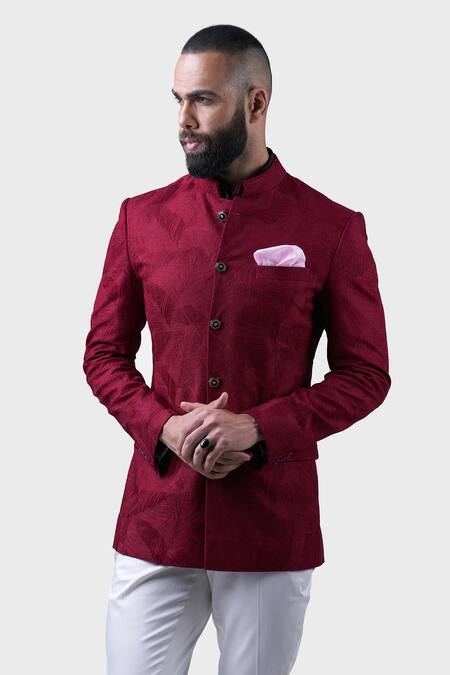 Raghavendra Rathore Jodhpur_Maroon Cotton Embroidery Textured Fern Bandhgala _at_Aza_Fashions
