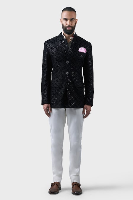 Raghavendra Rathore Jodhpur_Black Silk Embroidery, Sequins Foliage Motif Bandhgala _Online_at_Aza_Fashions