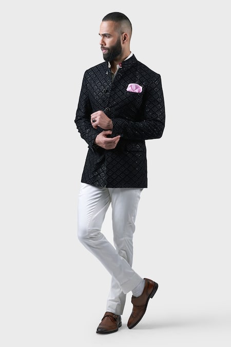 Buy_Raghavendra Rathore Jodhpur_Black Silk Embroidery, Sequins Foliage Motif Bandhgala _Online_at_Aza_Fashions