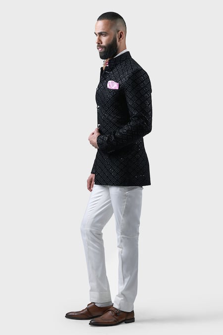 Shop_Raghavendra Rathore Jodhpur_Black Silk Embroidery, Sequins Foliage Motif Bandhgala _Online_at_Aza_Fashions