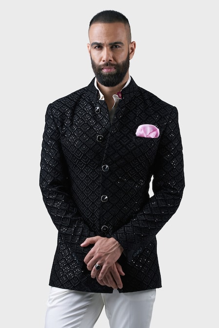 Raghavendra Rathore Jodhpur_Black Silk Embroidery, Sequins Foliage Motif Bandhgala _at_Aza_Fashions