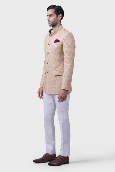 Raghavendra Rathore Jodhpur_Gold Silk Dune Butti Embroidered Bandhgala _Online_at_Aza_Fashions