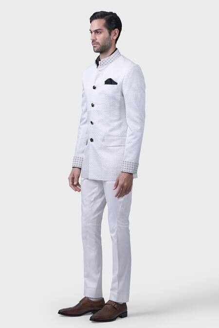 Buy_Raghavendra Rathore Jodhpur_Off White Wool Embroidery Stately Jaal Bandhgala _Online_at_Aza_Fashions