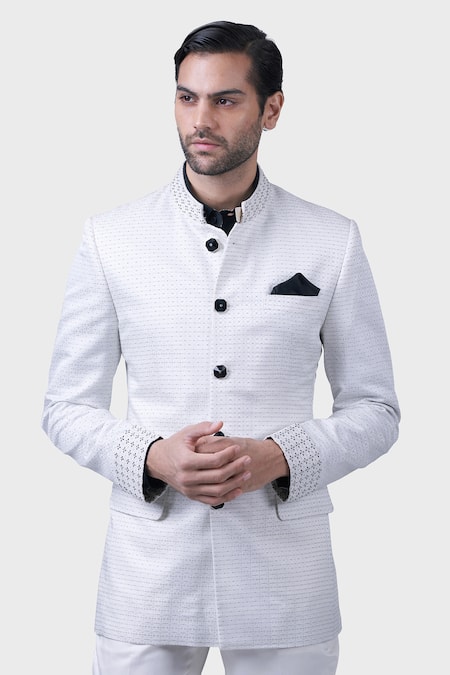 Shop_Raghavendra Rathore Jodhpur_Off White Wool Embroidery Stately Jaal Bandhgala _Online_at_Aza_Fashions