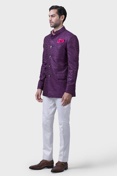 Buy Raghavendra Rathore Jodhpur Purple Silk Embroidery Raga Chevron Helix Bandhgala Online at Aza Fashions Buy_Raghavendra Rathore Jodhpur_Purple Silk Embroidery Raga Chevron Helix Bandhgala _Online_at_Aza_Fashions