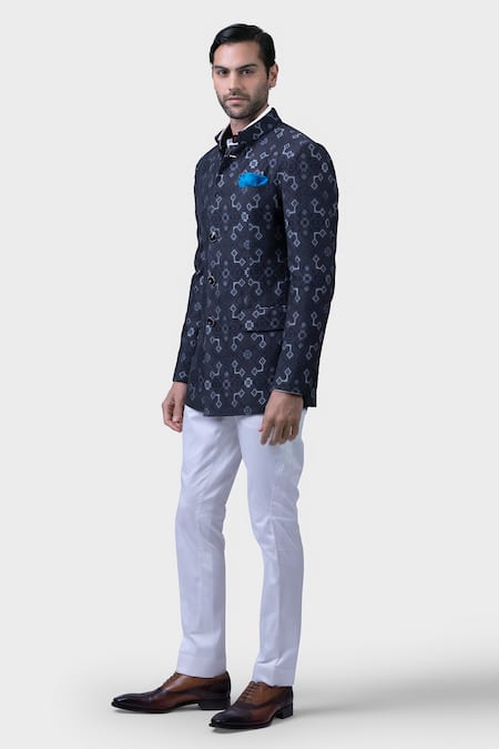 Buy_Raghavendra Rathore Jodhpur_Black Silk Embroidery Dimensional Ikat Bandhgala _Online_at_Aza_Fashions