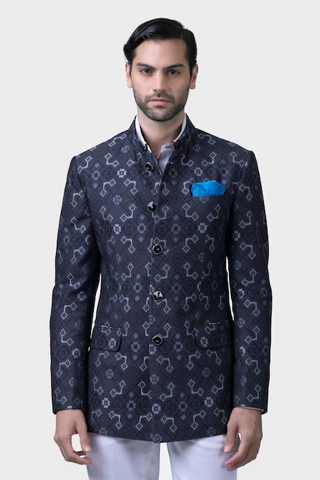 Shop_Raghavendra Rathore Jodhpur_Black Silk Embroidery Dimensional Ikat Bandhgala _Online_at_Aza_Fashions