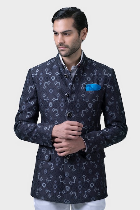 Raghavendra Rathore Jodhpur_Black Silk Embroidery Dimensional Ikat Bandhgala _at_Aza_Fashions