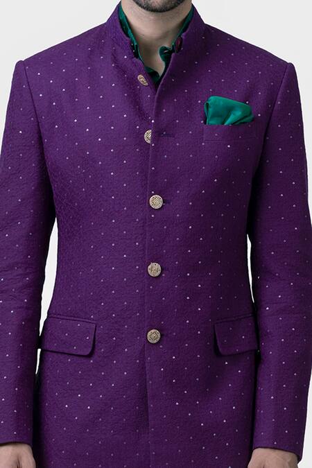 Raghavendra Rathore Jodhpur_Purple Cotton Sequins Starry Bloom Embroidered Bandhgala _Online_at_Aza_Fashions