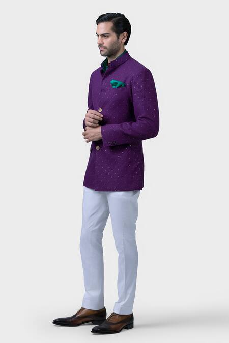 Shop_Raghavendra Rathore Jodhpur_Purple Cotton Sequins Starry Bloom Embroidered Bandhgala _Online_at_Aza_Fashions