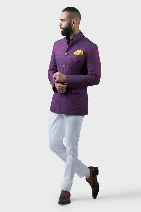 Buy_Raghavendra Rathore Jodhpur_Purple Silk Sequins Mughal Damask Embroidered Bandhgala _Online_at_Aza_Fashions