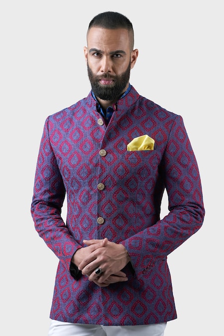 Raghavendra Rathore Jodhpur_Purple Silk Sequins Mughal Damask Embroidered Bandhgala _at_Aza_Fashions