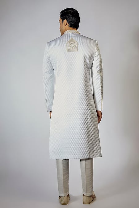 Shop_Rng Safawala_White Silk, Cotton Sequins, Embroidery Thread Work Sherwani Set _at_Aza_Fashions