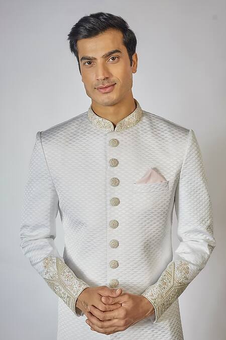 Rng Safawala_White Silk, Cotton Sequins, Embroidery Thread Work Sherwani Set _Online_at_Aza_Fashions
