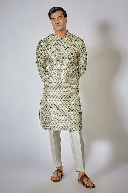 RNG Safawala Green Cotton Silk Printed Floral Flower Kurta Set 