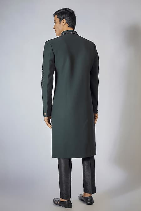 Rng Safawala Bottle Green Sequin Applique Achkan Set For Kids