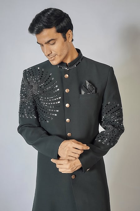 Rng Safawala_Green Silk, Cotton, Polyester Sequins Bottle Applique Achkan Set For Kids_Online_at_Aza_Fashions