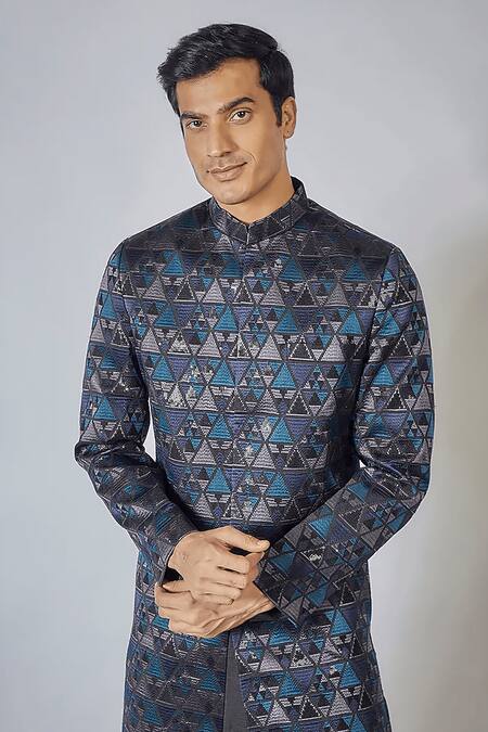 Rng Safawala_Blue Silk, Cotton Sequins Applique Achkan Set For Kids_Online_at_Aza_Fashions