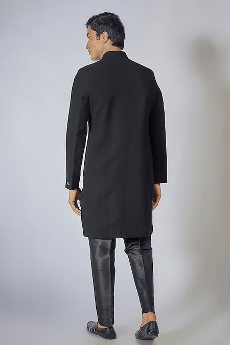 Rng Safawala Black Textured Achkan Set For Kids
