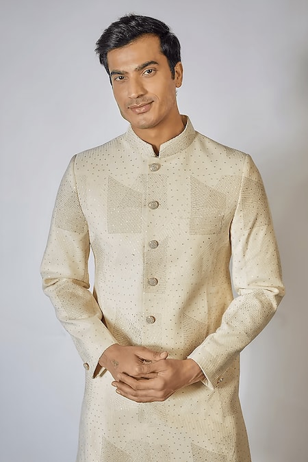 Rng Safawala_White Silk, Cotton Sequins, Embroidery Resham Work Achkan Set _Online_at_Aza_Fashions