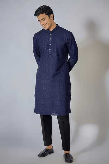 Buy Rng Safawala Blue Cotton, Silk Sequins, Embroidery Kurta Set at Aza Fashions Buy_Rng Safawala_Blue Cotton, Silk Sequins, Embroidery Kurta Set_at_Aza_Fashions