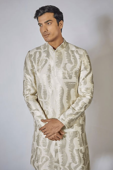 Rng Safawala_White Silk, Cotton Sequins, Embroidery Resham Achkan Set _Online_at_Aza_Fashions
