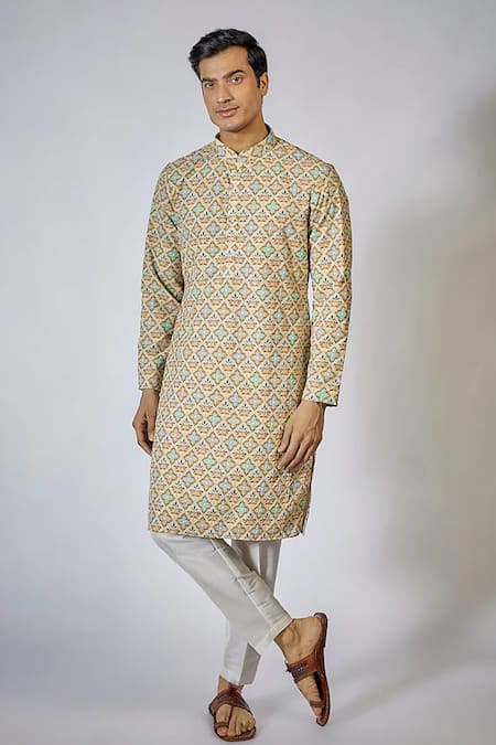 RNG Safawala Beige Dupion Silk Printed Mughal Kurta Set 