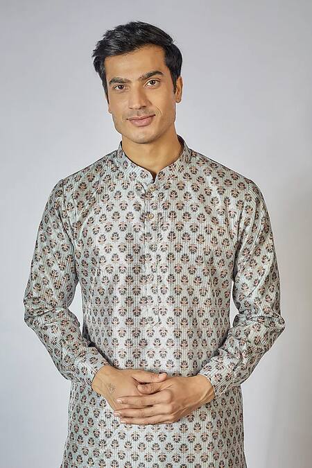 Rng Safawala_Grey Cotton, Silk Bloom Print Kurta Set _Online_at_Aza_Fashions