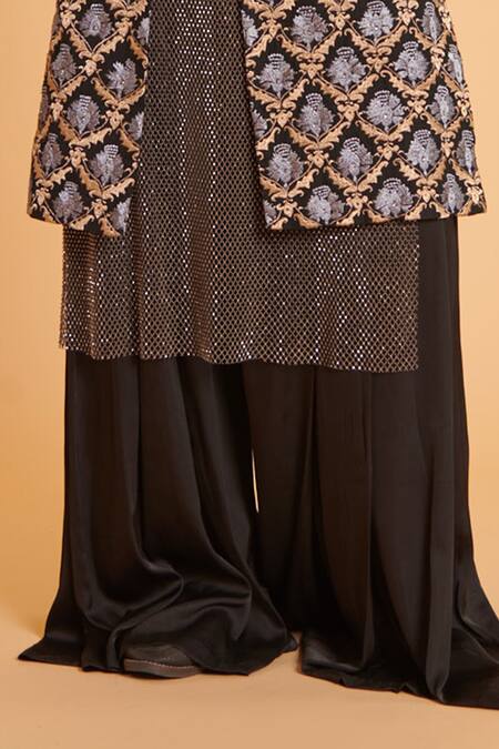 Siddartha Tytler_Black Crepe, Silk Embroidery Mesh Kurta With Hakama Pant _Online_at_Aza_Fashions