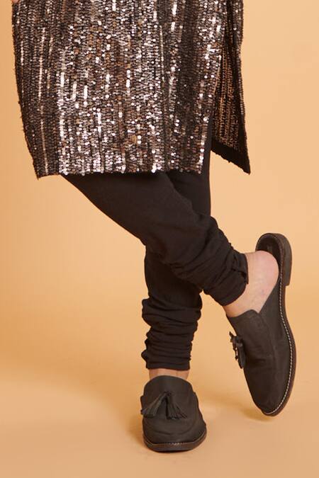 Siddartha Tytler_Grey Georgette, Rayon Sequins Embellished Kurta With Churidar _Online_at_Aza_Fashions