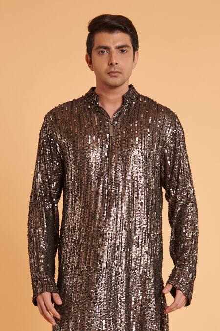 Buy_Siddartha Tytler_Grey Georgette, Rayon Sequins Embellished Kurta With Churidar _Online_at_Aza_Fashions