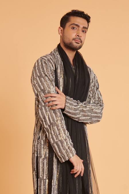 Buy Siddartha Tytler Black Georgette, Rayon, Net Sequins Cutdana Embellished Kurta With Churidar Online at Aza Fashions Buy_Siddartha Tytler_Black Georgette, Rayon, Net Sequins Cutdana Embellished Kurta With Churidar _Online_at_Aza_Fashions