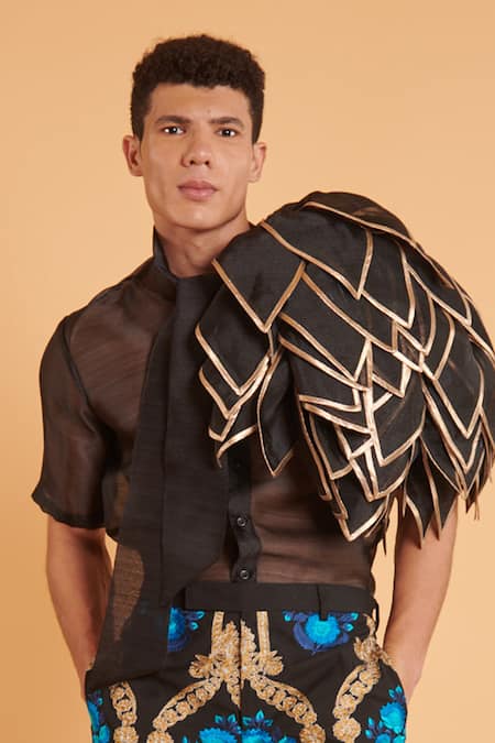 Siddartha Tytler_Black Organza Applique 3d Embellished Shirt _Online_at_Aza_Fashions