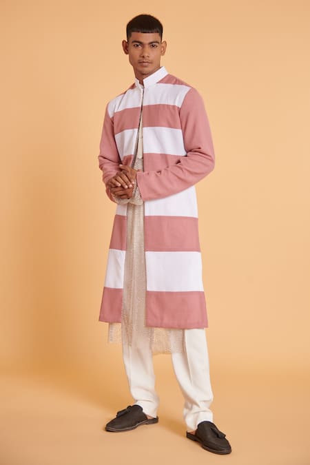 Siddartha Tytler Stripe Pattern Open Sherwani Pant Set 