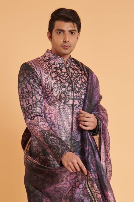 Siddartha Tytler_Purple Taffeta, Organza, Linen Embroidery Mughal Print Sherwani Churidar Set_Online_at_Aza_Fashions