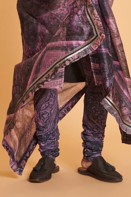 Buy_Siddartha Tytler_Purple Taffeta, Organza, Linen Embroidery Mughal Print Sherwani Churidar Set_Online_at_Aza_Fashions