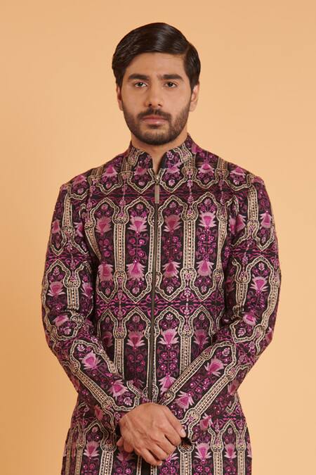 Siddartha Tytler_Black Silk, Lycra Crystals, Embroidery Floral Sherwani With Pant _Online_at_Aza_Fashions