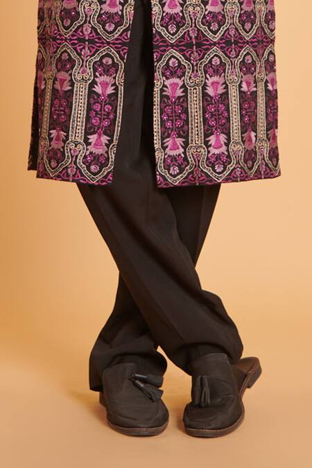 Buy_Siddartha Tytler_Black Silk, Lycra Crystals, Embroidery Floral Sherwani With Pant _Online_at_Aza_Fashions