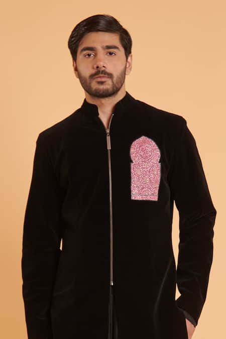 Siddartha Tytler_Black Velvet, Silk Embroidery Crest Sherwani With Flared Pant _Online_at_Aza_Fashions