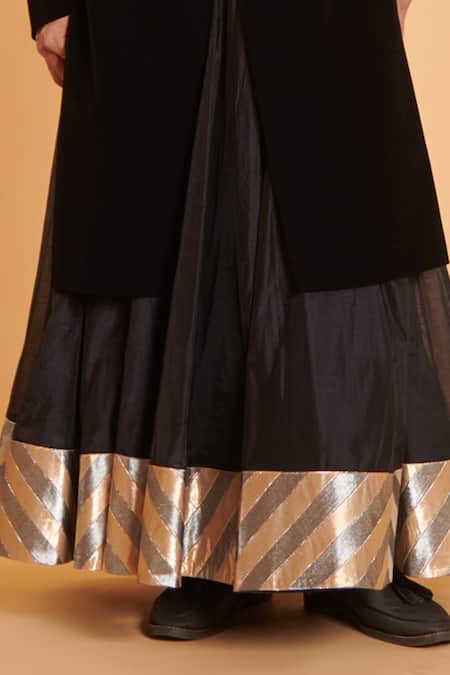 Buy_Siddartha Tytler_Black Velvet, Silk Embroidery Crest Sherwani With Flared Pant _Online_at_Aza_Fashions