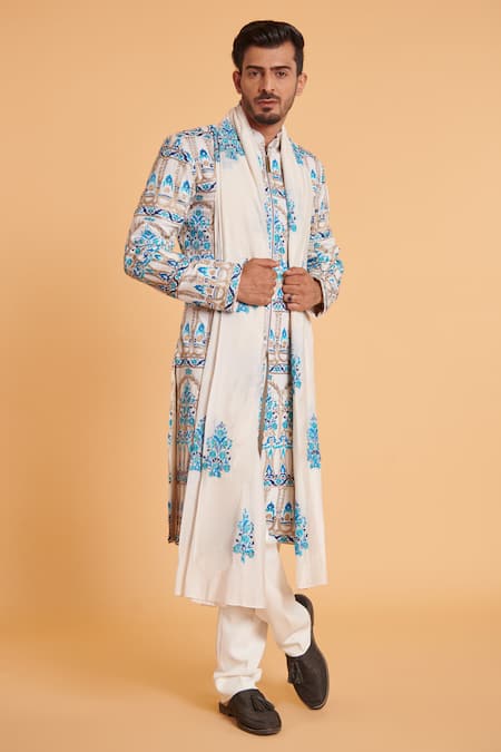 Siddartha Tytler Ivory Sherwani Velvet Embroidery Floral Mandala Pant Set  