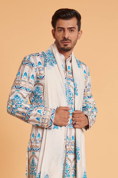 Siddartha Tytler_Ivory Velvet, Chanderi, Lycra Embroidery Floral Mandala Sherwani Pant Set _Online_at_Aza_Fashions