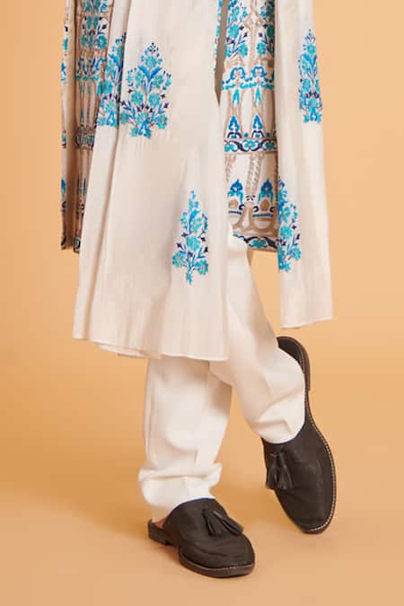 Buy_Siddartha Tytler_Ivory Velvet, Chanderi, Lycra Embroidery Floral Mandala Sherwani Pant Set _Online_at_Aza_Fashions