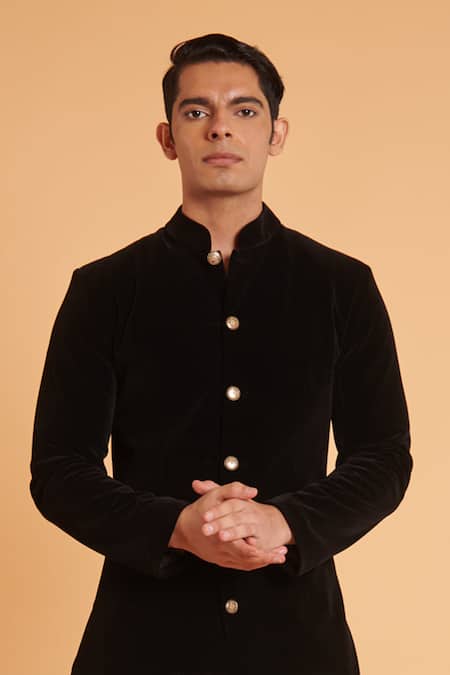 Siddartha Tytler_Black Velvet Embroidery Placement Sherwani With Pant _Online_at_Aza_Fashions