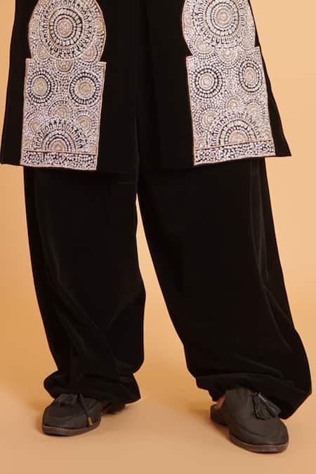 Buy_Siddartha Tytler_Black Velvet Embroidery Placement Sherwani With Pant _Online_at_Aza_Fashions