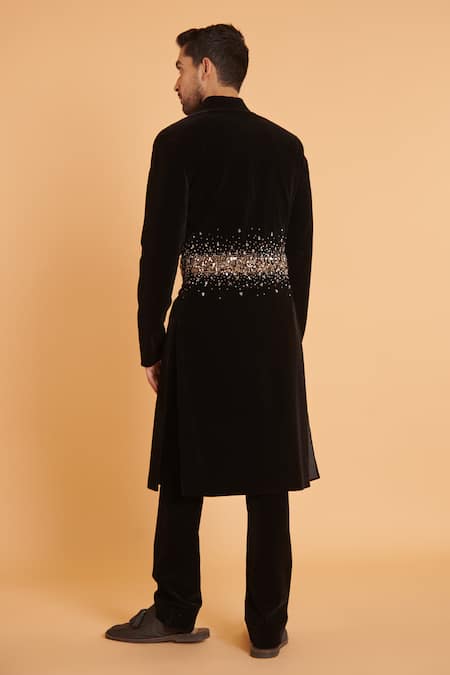 Shop Siddartha Tytler Black Velvet Rhinestones Placement Embroidered Sherwani With Pant at Aza Fashions Shop_Siddartha Tytler_Black Velvet Rhinestones Placement Embroidered Sherwani With Pant _at_Aza_Fashions
