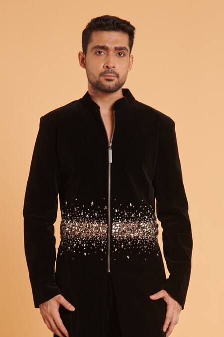 Siddartha Tytler Black Velvet Rhinestones Placement Embroidered Sherwani With Pant Online at Aza Fashions Siddartha Tytler_Black Velvet Rhinestones Placement Embroidered Sherwani With Pant _Online_at_Aza_Fashions