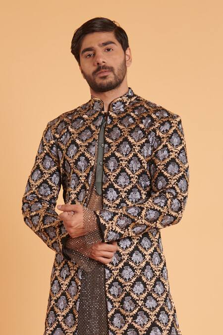 Siddartha Tytler_Black Silk, Lycra, Satin Chequered Lattice Embroidered Sherwani With Hakama Pant_Online_at_Aza_Fashions