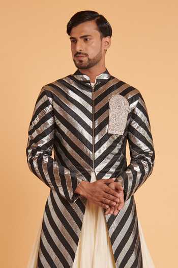 Siddartha Tytler_Black Lace, Taffeta Embroidery Chevron Pattern Sherwani _Online_at_Aza_Fashions